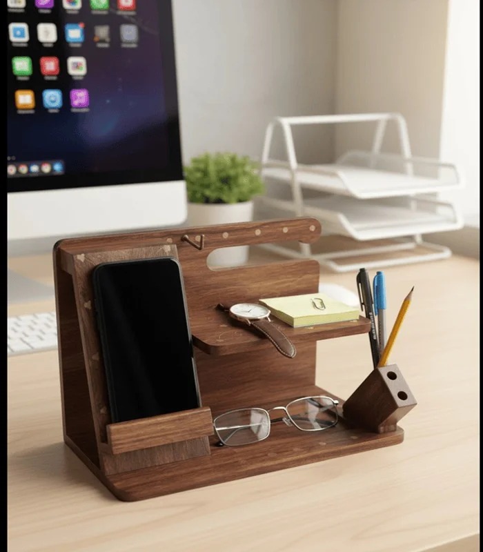 Wooden and Brass Desk Organizer & Mobile Docking Station view 3