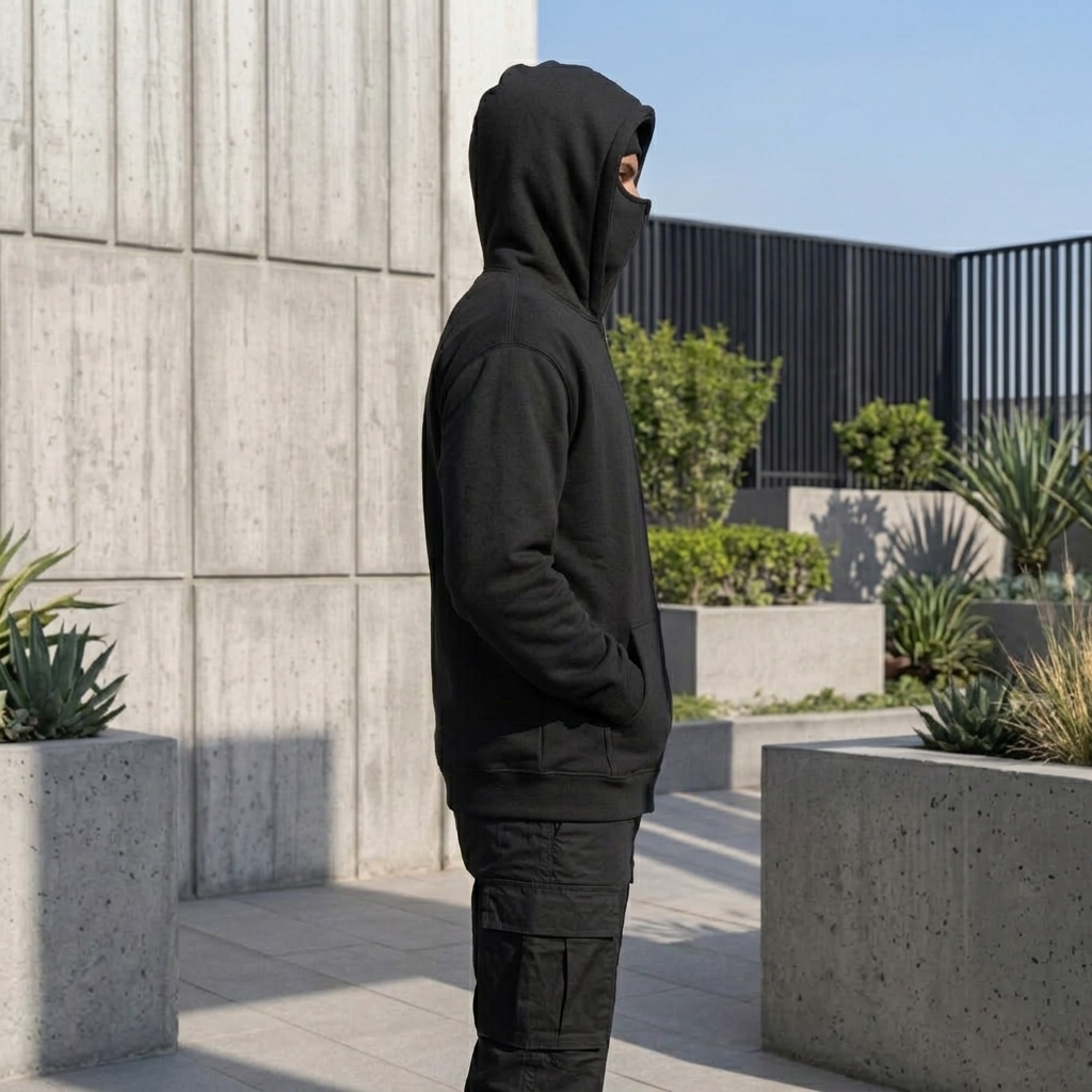 Ninja Balaclava Hoodie for Men & Women – Unisex Black Full Zip Fleece Hoodie with Built-in Face Mask view 4