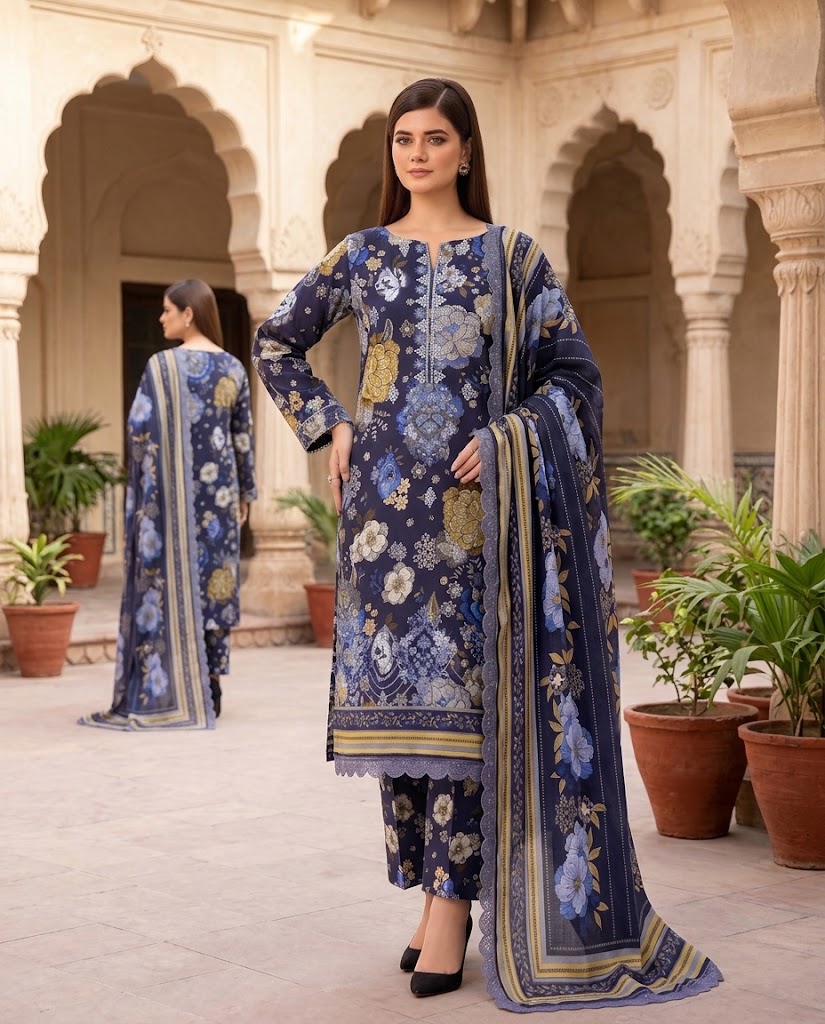 BAROQUE Embroidered Digital Printed Khaddar 3-Piece Suit - Blue view 2