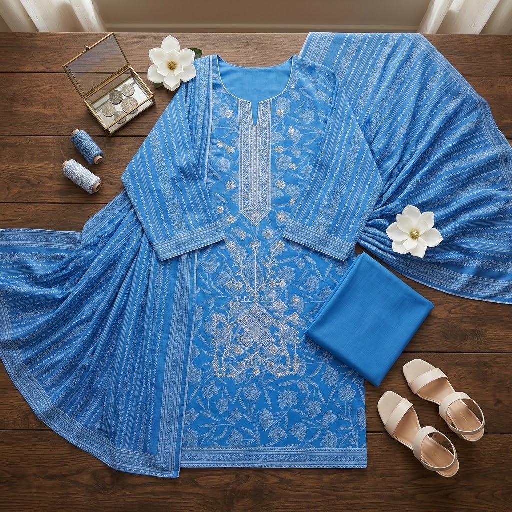 Dhanak Embroidered 3-Piece Suit - Blue Maria.B replica view 2
