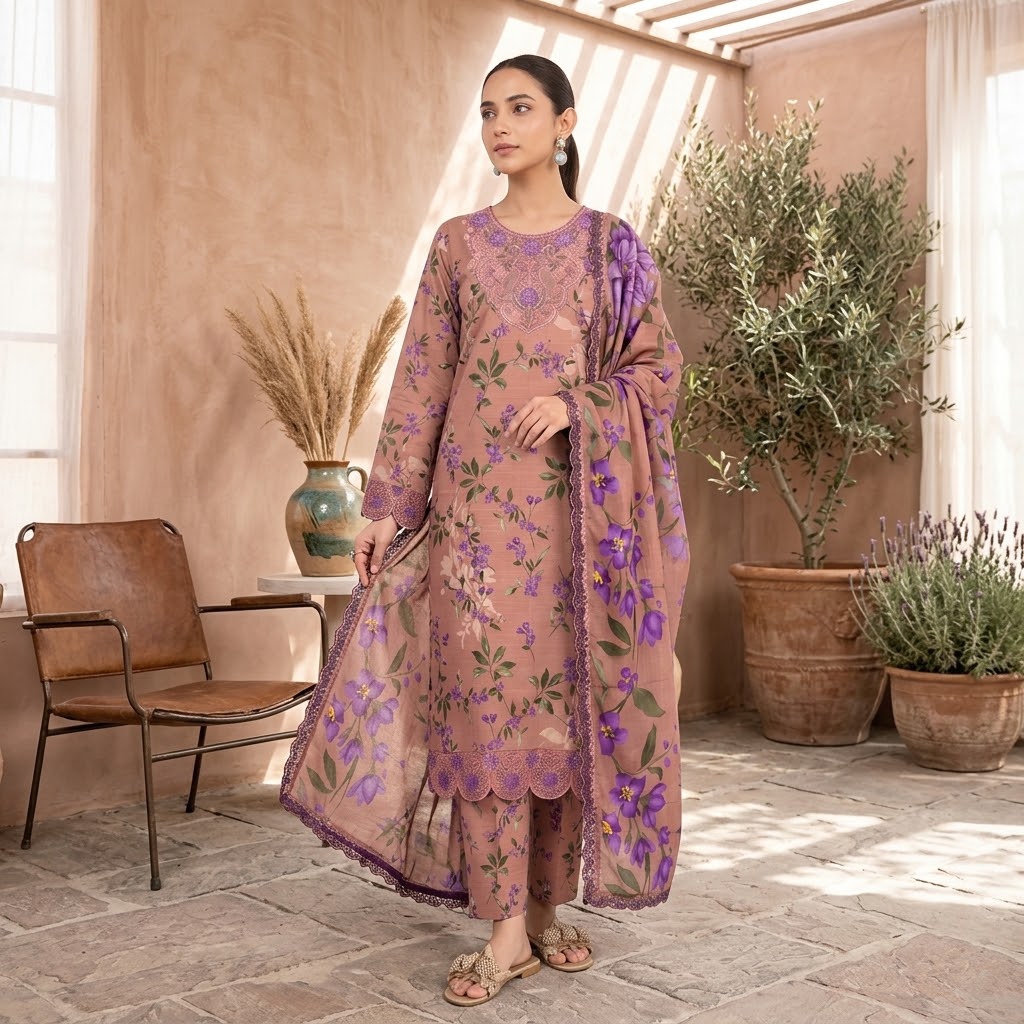 IZNIK Embroidered Digital Printed Khaddar 3-Piece Suit