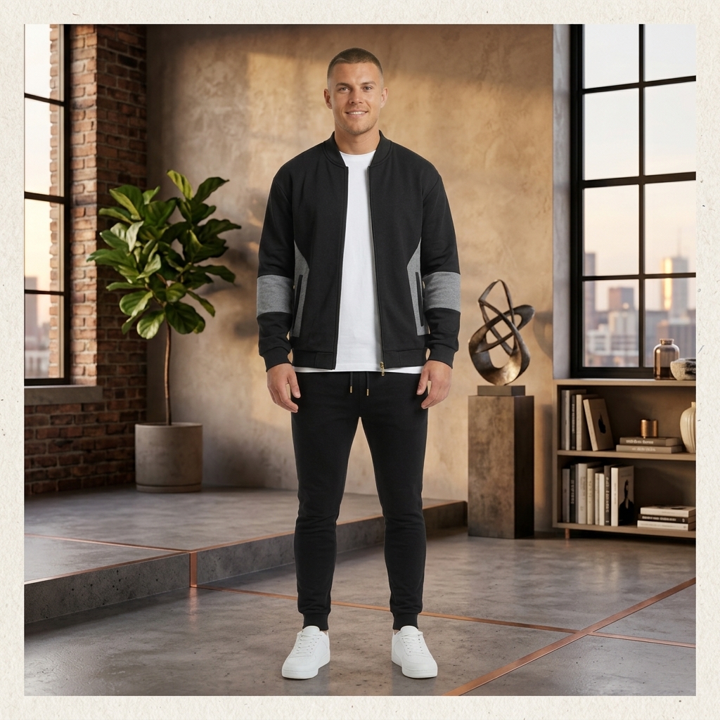 Men's Bomber Style Tracksuit - Black view 2