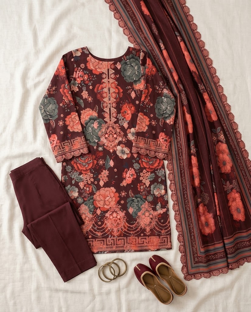 BAROQUE Embroidered Digital Printed Khaddar 3-Piece Suit - Maroon view 3