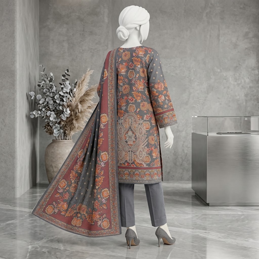 Premium Dhanak 3-Piece Unstitched Suit | Embroidered Winter Collection view 3