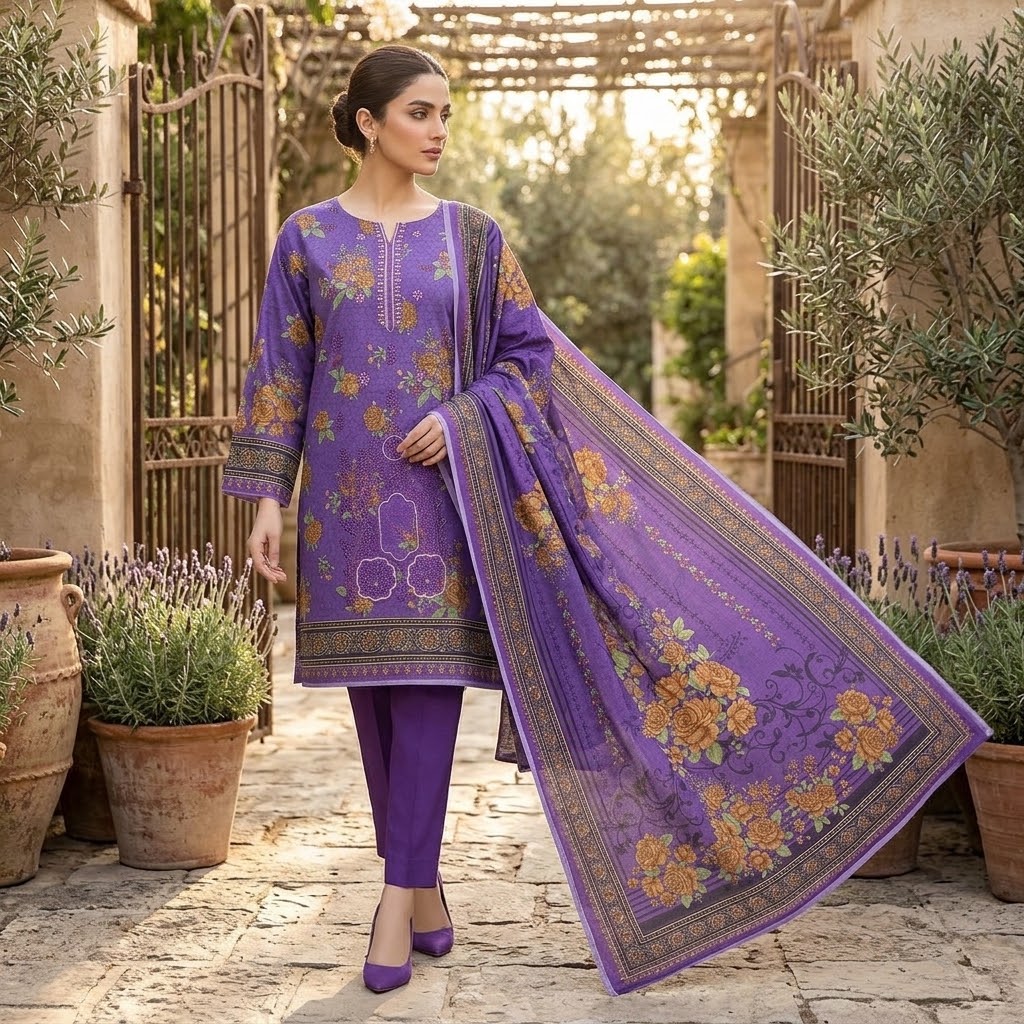Dhanak Embroidered 3-Piece Suit - Maria.B replica view 3