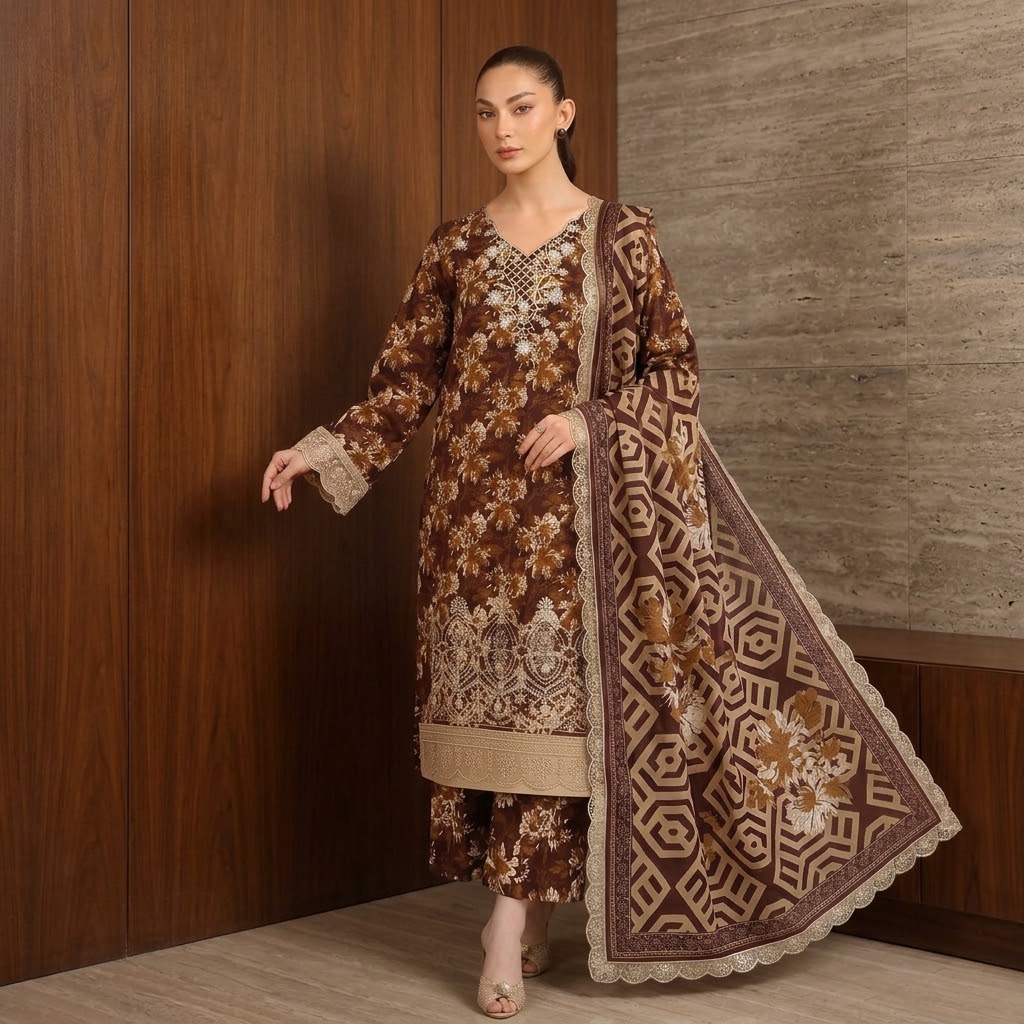BAROQUE Embroidered Digital Printed Khaddar 3-Piece Suit