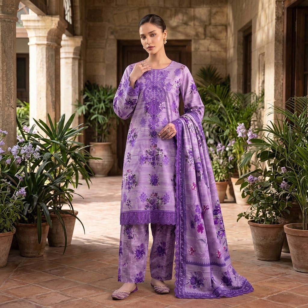 So Kamal 3-piece Embroidered Digital Printed Khaddar 3 pc Suit view 3
