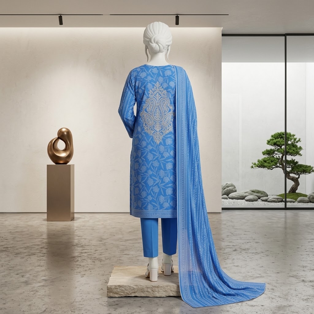 Dhanak Embroidered 3-Piece Suit - Blue Maria.B replica