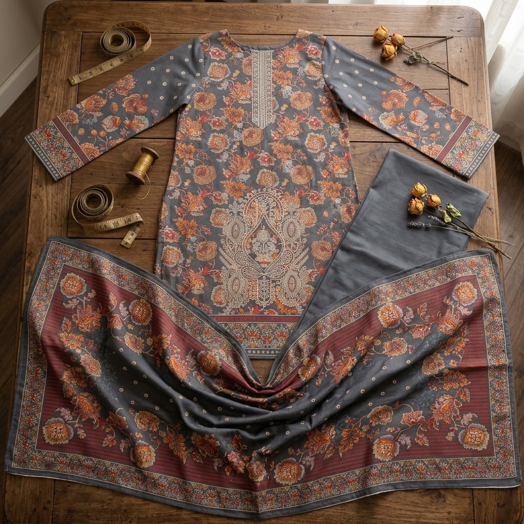 Premium Dhanak 3-Piece Unstitched Suit | Embroidered Winter Collection view 2