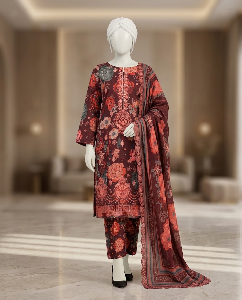 BAROQUE Embroidered Digital Printed Khaddar 3-Piece Suit - Maroon