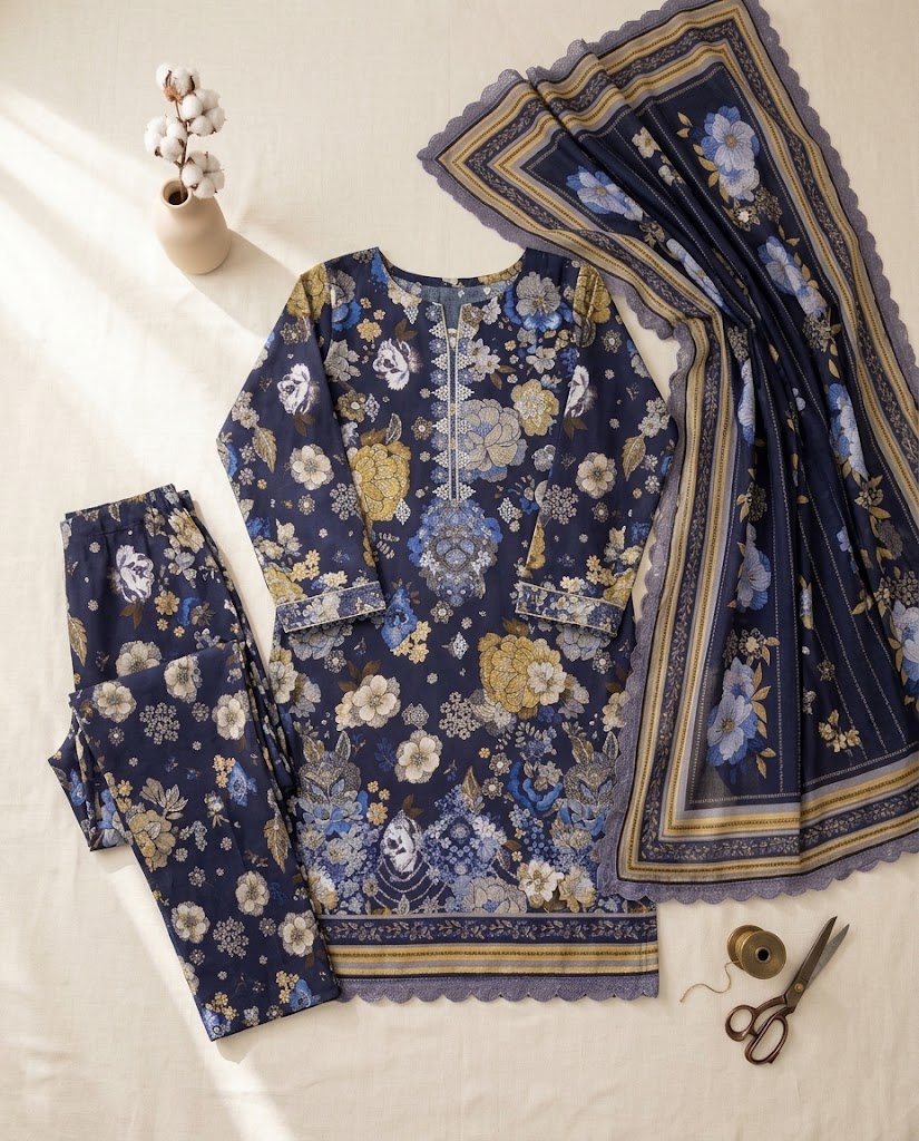 BAROQUE Embroidered Digital Printed Khaddar 3-Piece Suit - Blue