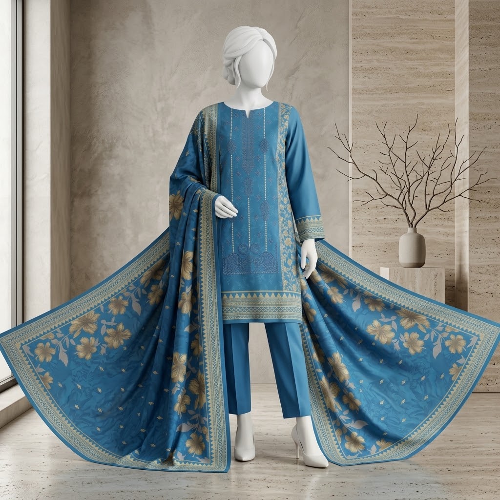 Zainab Chottani Dhanak Embroidered 3-Piece Suit (sky)