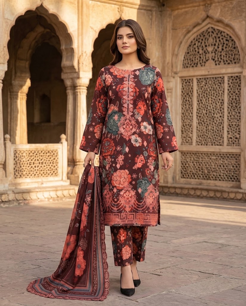 BAROQUE Embroidered Digital Printed Khaddar 3-Piece Suit - Maroon view 2