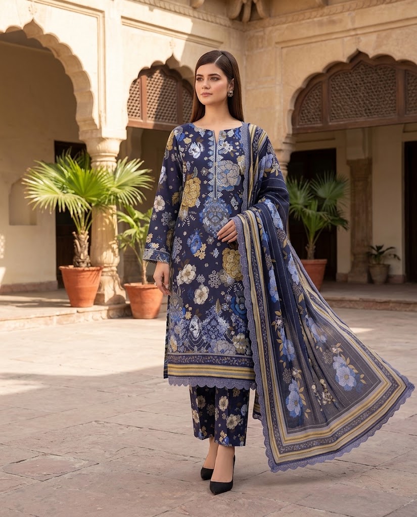 BAROQUE Embroidered Digital Printed Khaddar 3-Piece Suit - Blue view 3