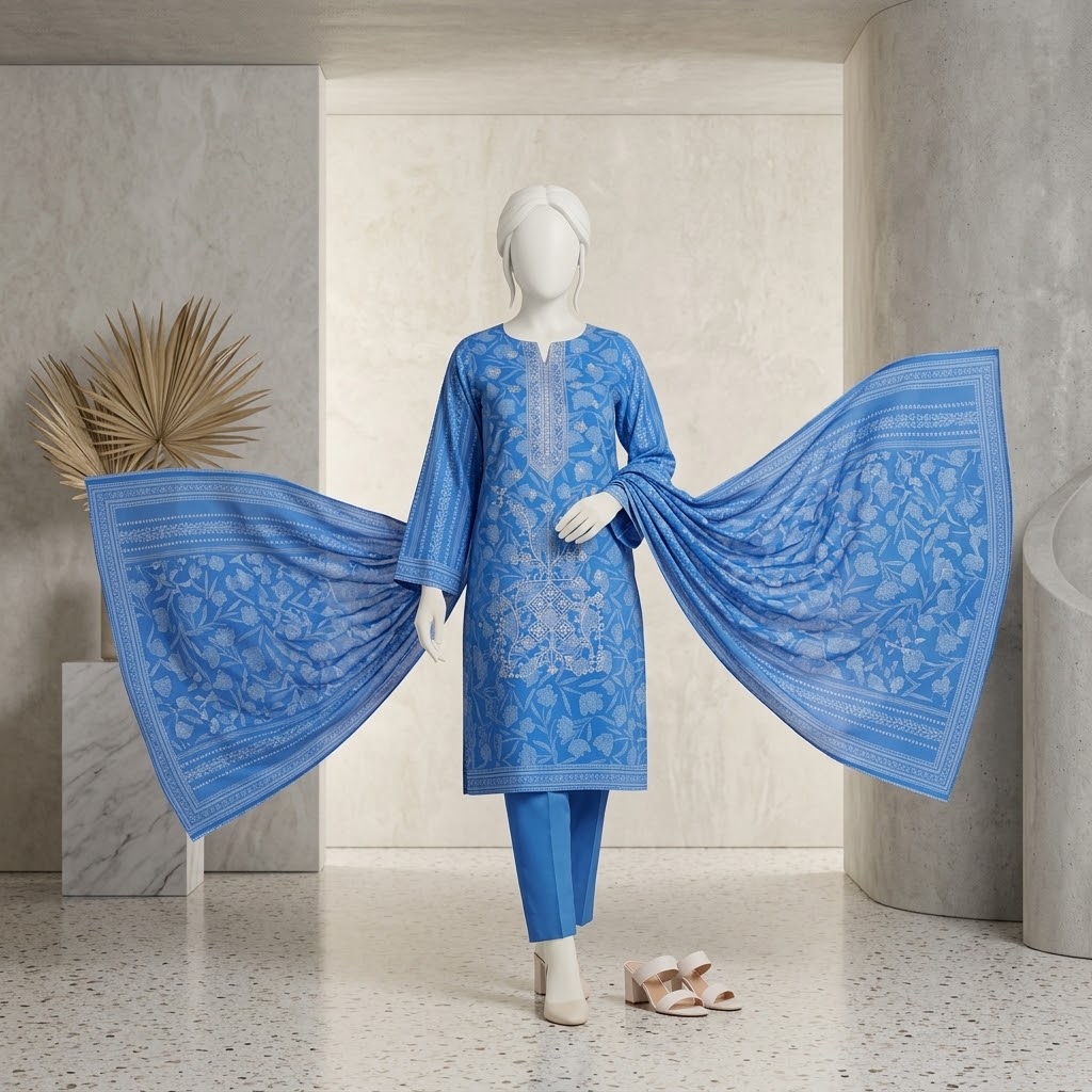 Dhanak Embroidered 3-Piece Suit - Blue Maria.B replica view 3