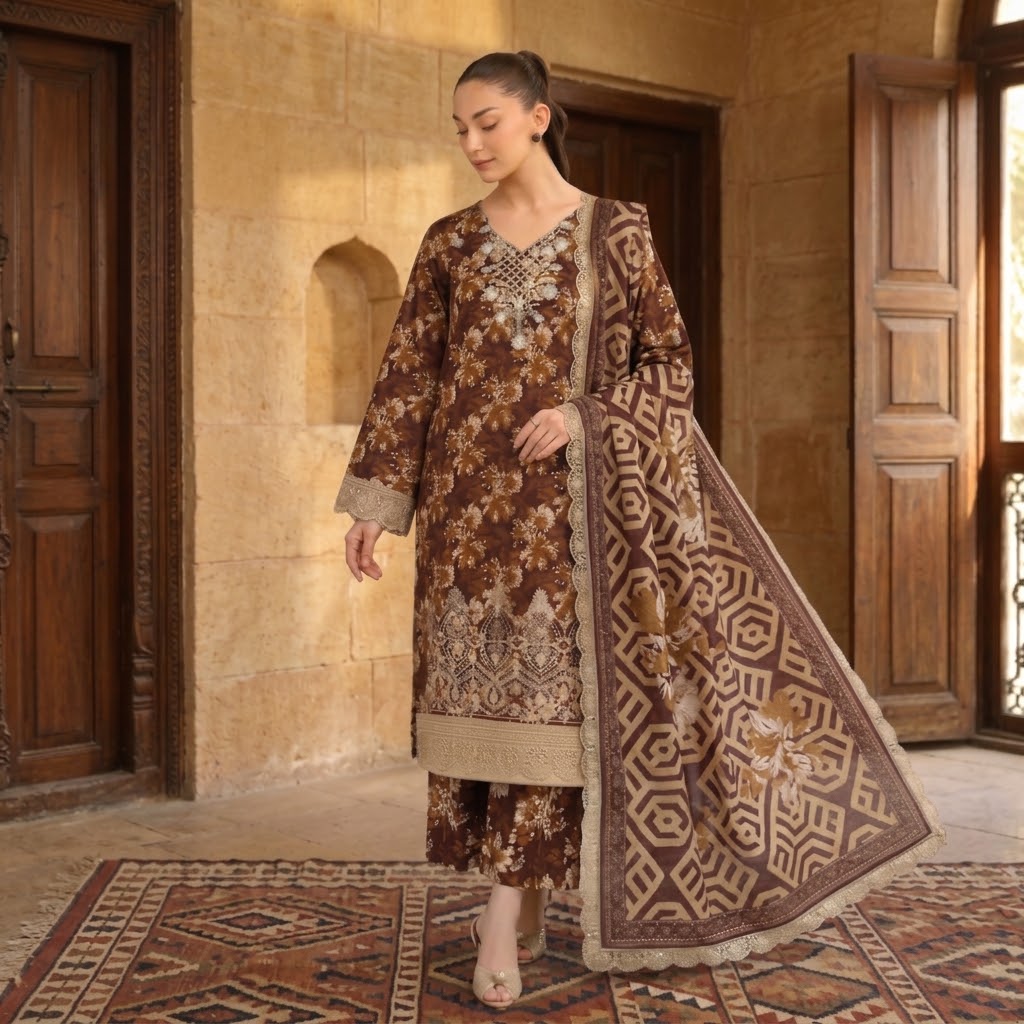 BAROQUE Embroidered Digital Printed Khaddar 3-Piece Suit view 3