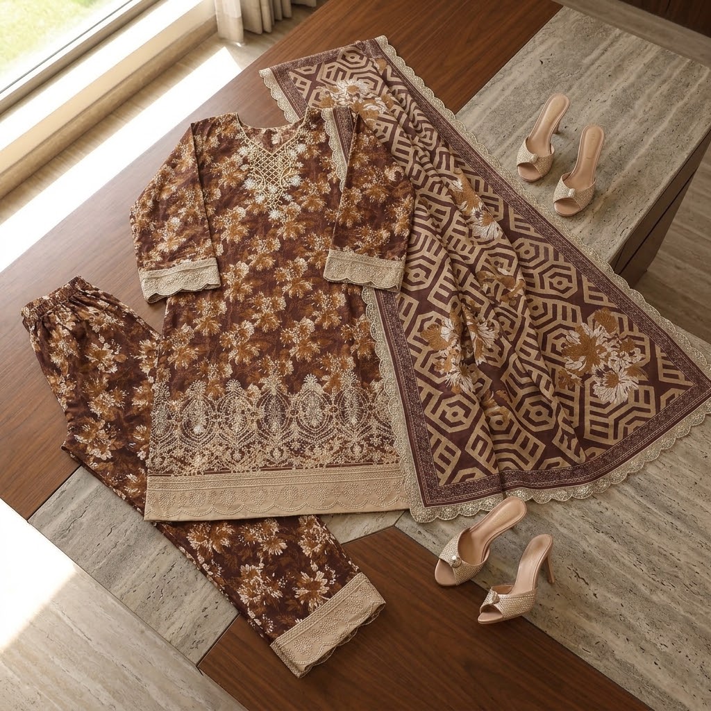BAROQUE Embroidered Digital Printed Khaddar 3-Piece Suit view 2