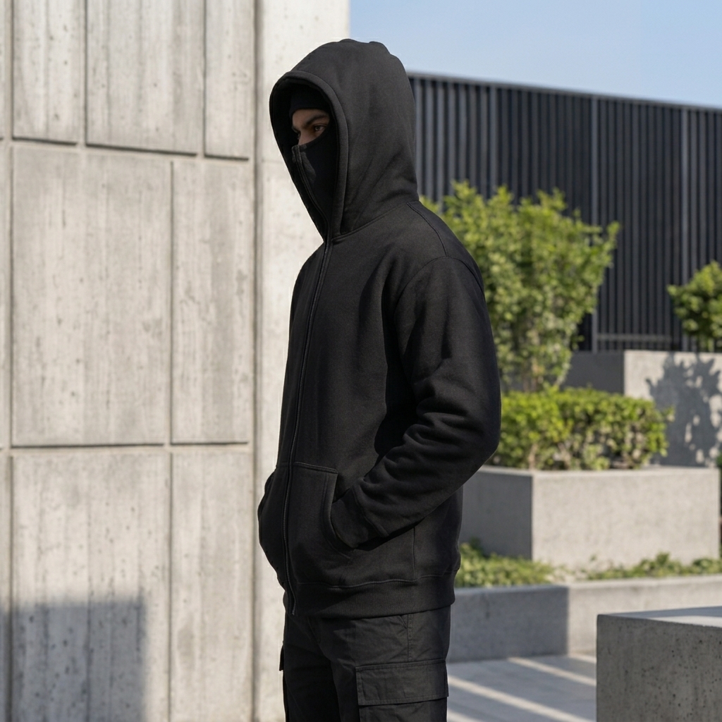 Ninja Balaclava Hoodie for Men & Women – Unisex Black Full Zip Fleece Hoodie with Built-in Face Mask view 2