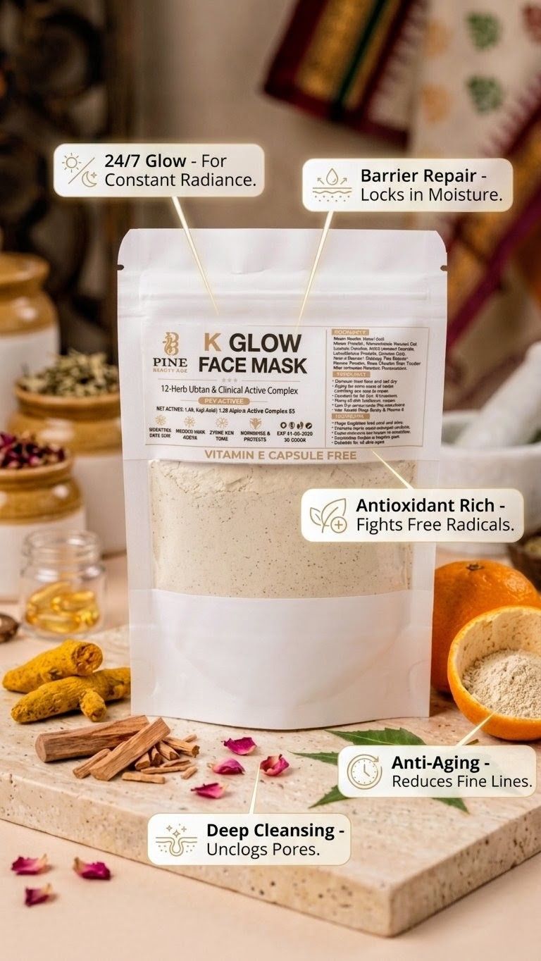 K Glow Face Mask by Pine Beauty Hub - 12 Herb Ubtan Powder with Clinical Active Complex for Radiant Skin 50gm view 3