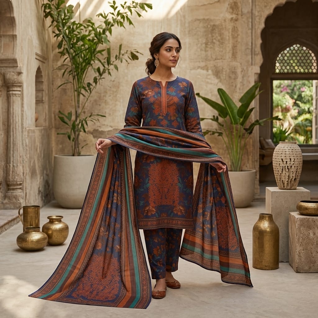 Iznik Dhanak Embroidered 3-Piece Suit