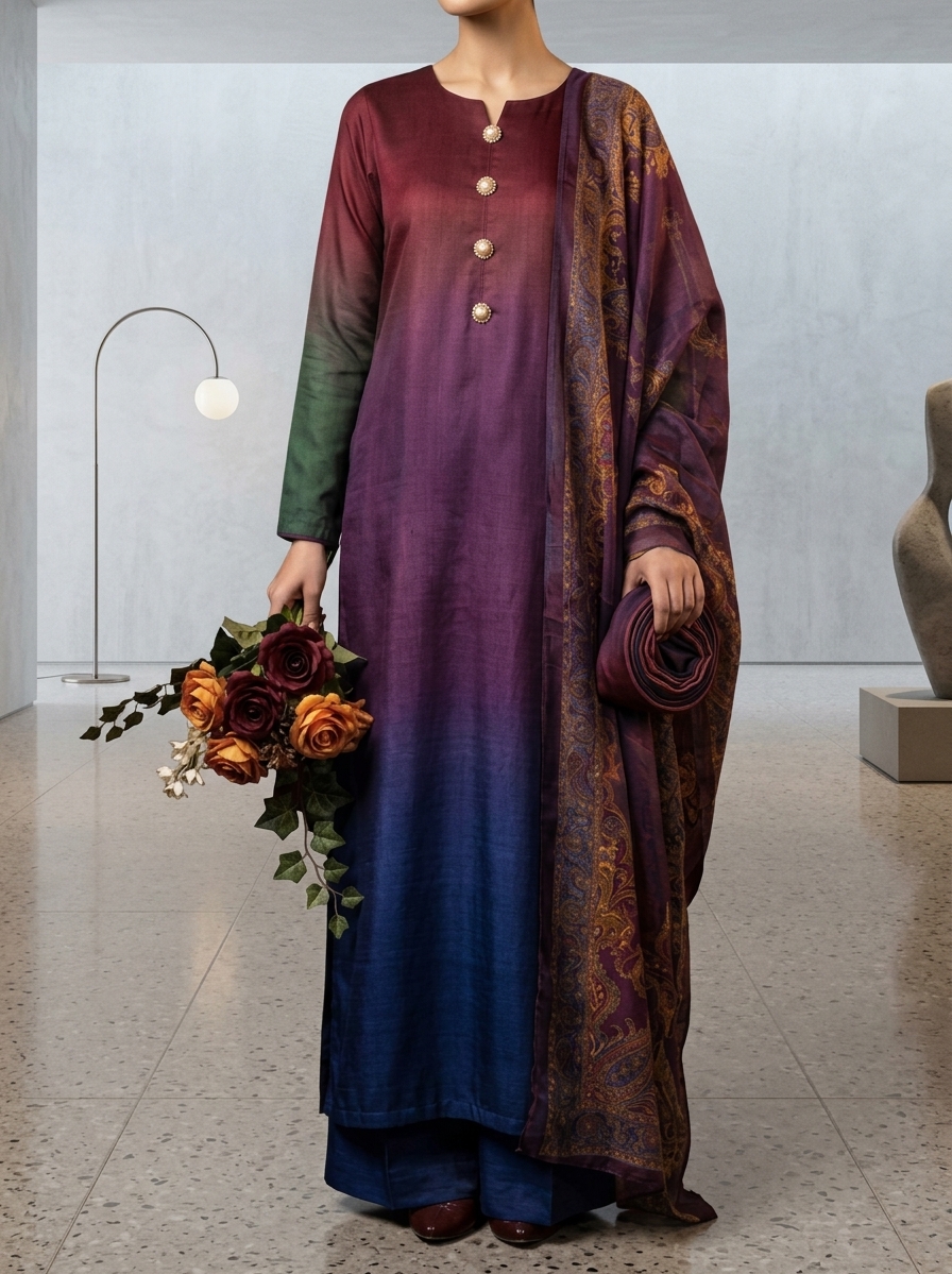 3PC Multishade Digital Printed Silky Suit with China Silk Dupatta & Airline Shirt