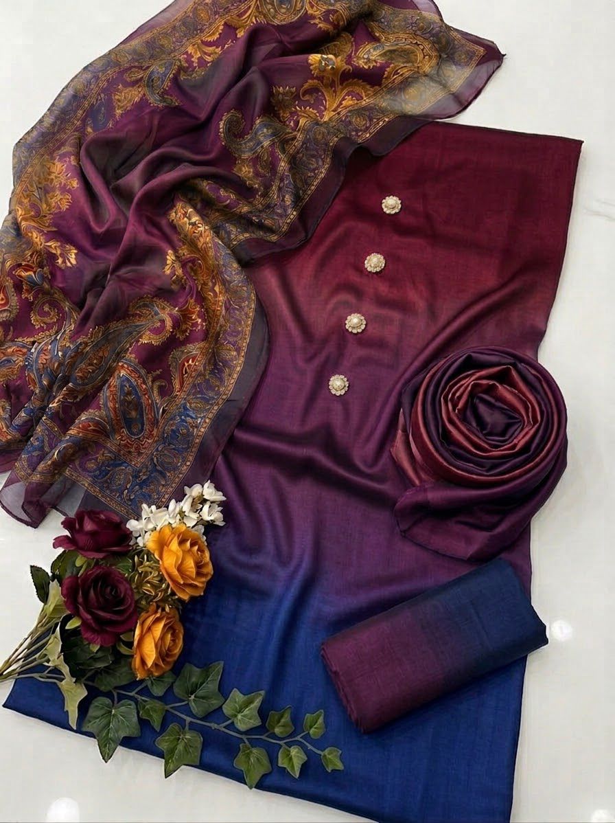 3PC Multishade Digital Printed Silky Suit with China Silk Dupatta & Airline Shirt view 3