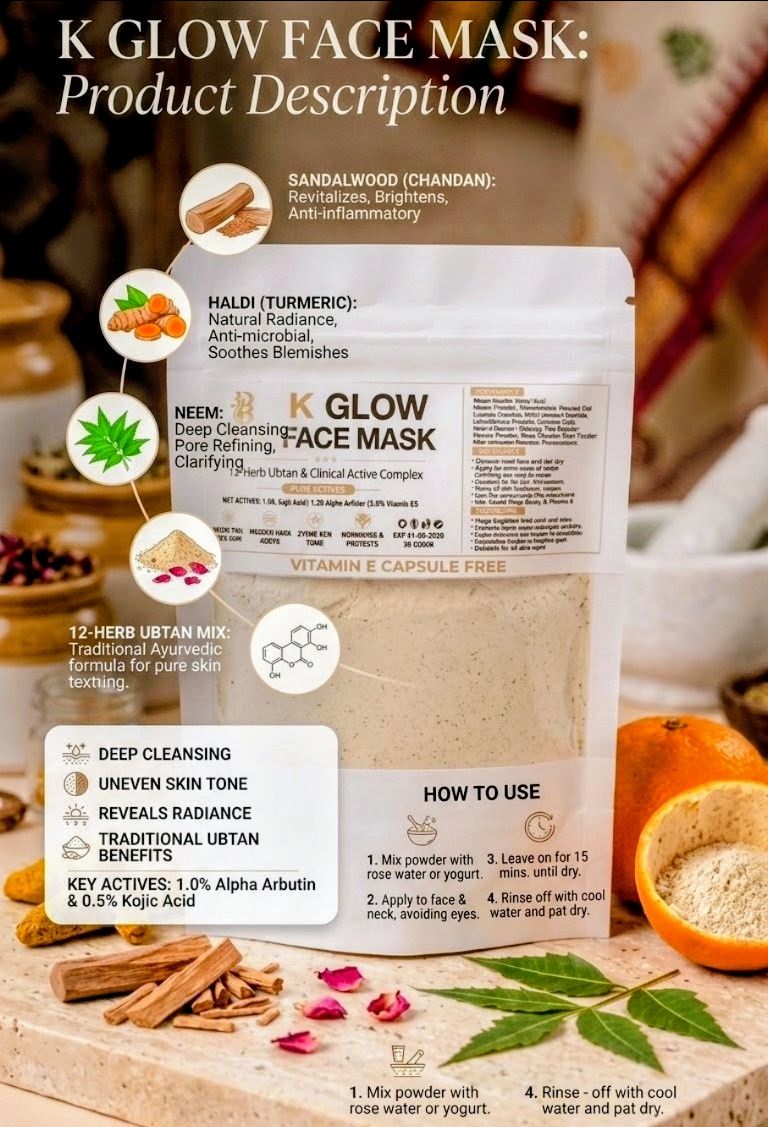 K Glow Face Mask by Pine Beauty Hub - 12 Herb Ubtan Powder with Clinical Active Complex for Radiant Skin 50gm