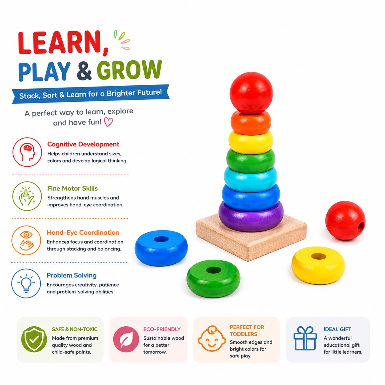 Wooden Rainbow Tower Stacking Toy for Kids – Colorful Educational Building Blocks view 3