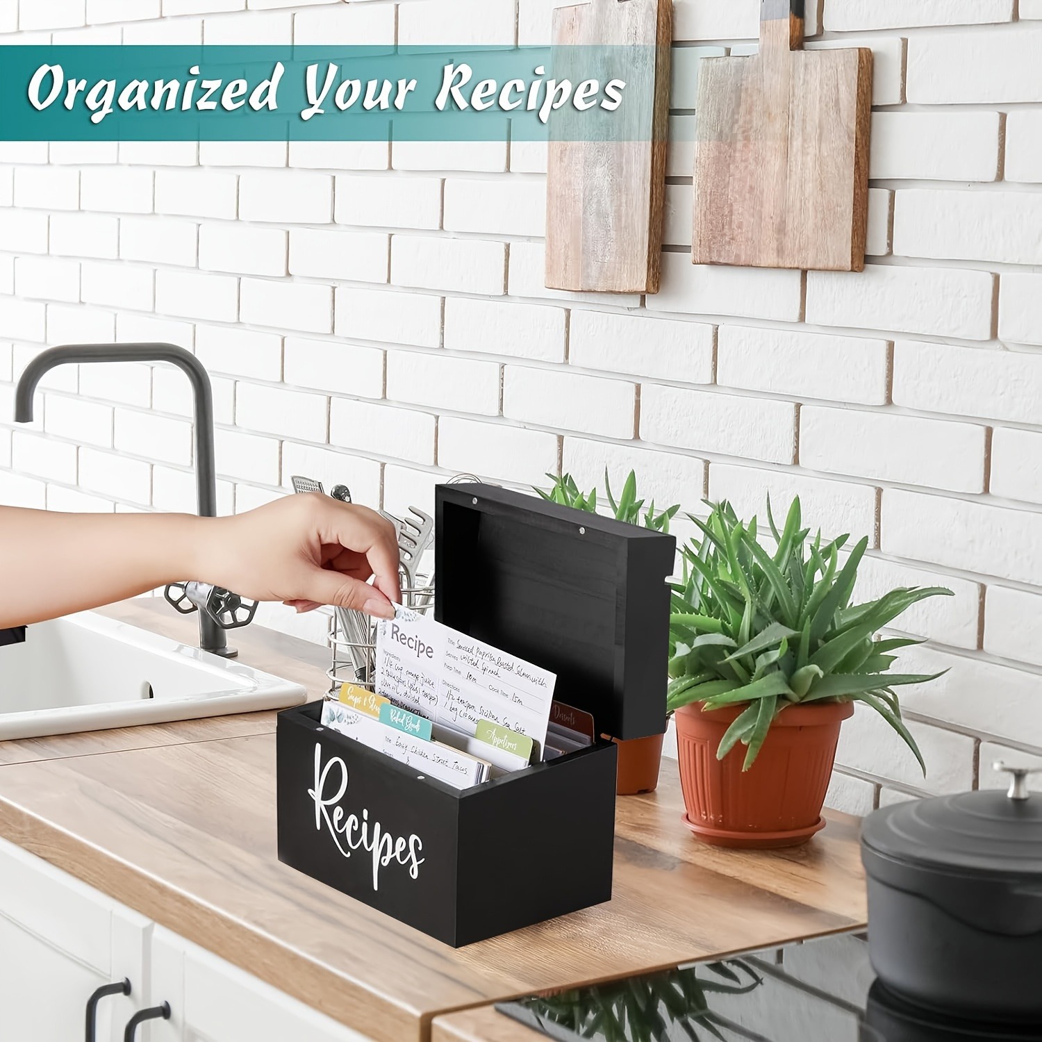 Wooden Recipe Box with 50 Cards (Black & Brown Random Color) view 2