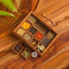Keep your kitchen organized and your essential spices fresh with the Wooden Spice Box – Premium Sheesham Wood Masala Organizer(12 Slots with Glass Lid) view 2