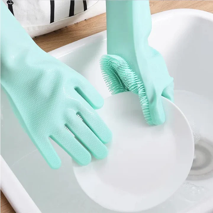 Silicone Non Slip Scrubber Dish Washing Gloves, 1 Pair- Multicolor view 2