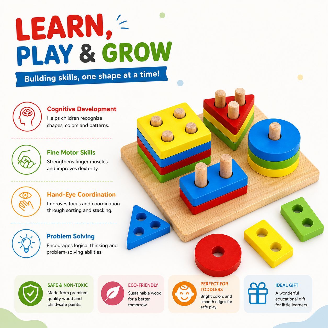 Wooden Shape Sorter Toy for Kids – Educational Shape Matching & Learning Puzzle view 3