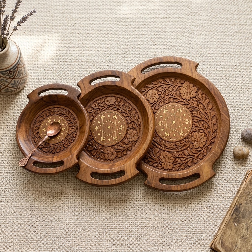 Wooden Carving Plate Bring rustic elegance and artisanal charm to your home with the Wooden Carving Plate Set of 3. view 3