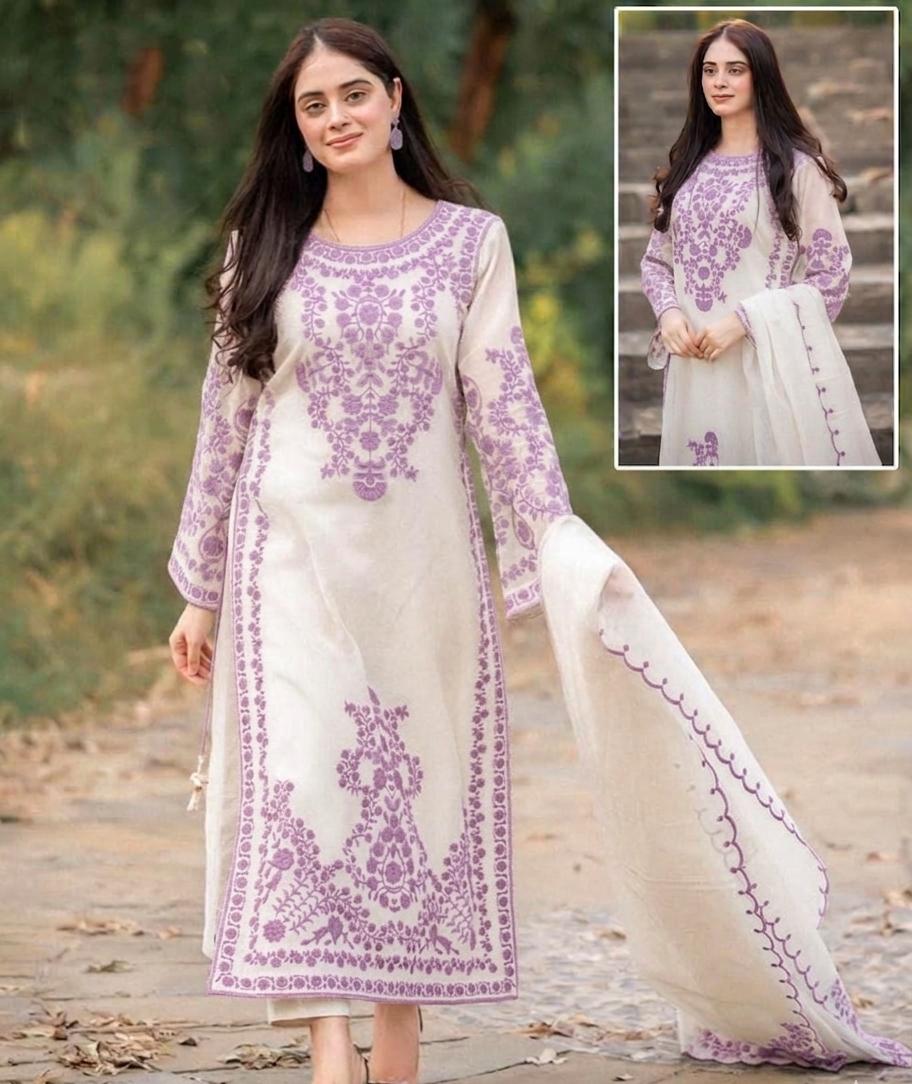 Elegant 3 Piece Embroidered Organza Suit With Neck, Sleeves And Daman Embroidery, Dupatta And Malai Trouser view 2