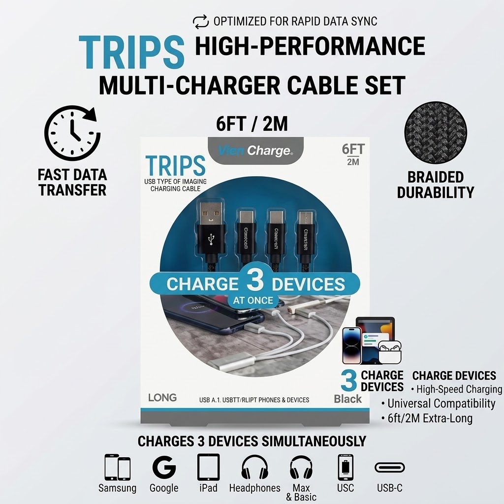 Max Charge TRIPS 3-in-1 USB Type-C Braided Multi-Charger Cable - 6FT/2M view 2