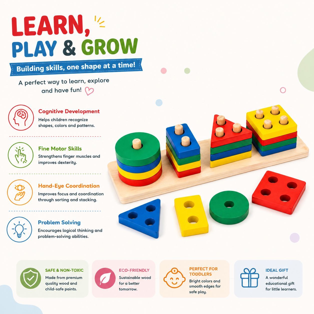 Wooden Color & Shape Sorter Toy for Kids – Educational Shape Matching & Learning Puzzle Stacking Toy view 3