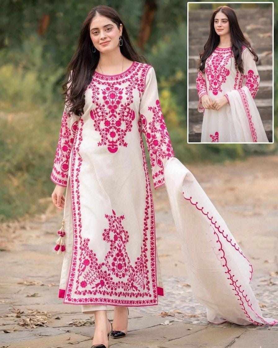Elegant 3 Piece Embroidered Organza Suit With Neck, Sleeves And Daman Embroidery, Dupatta And Malai Trouser