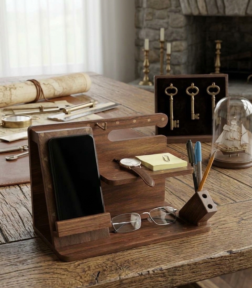Wooden and Brass Desk Organizer & Mobile Docking Station view 2