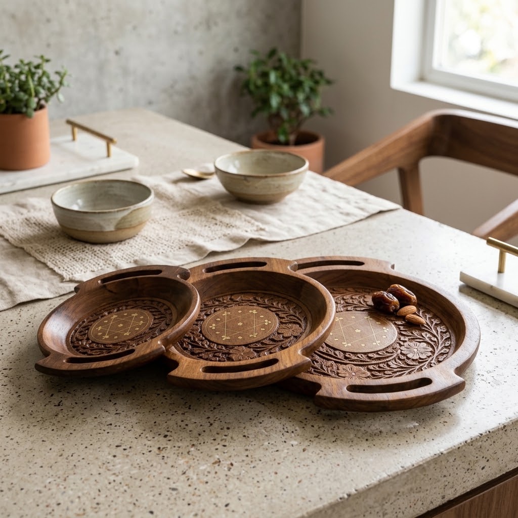 Wooden Carving Plate Bring rustic elegance and artisanal charm to your home with the Wooden Carving Plate Set of 3. view 2