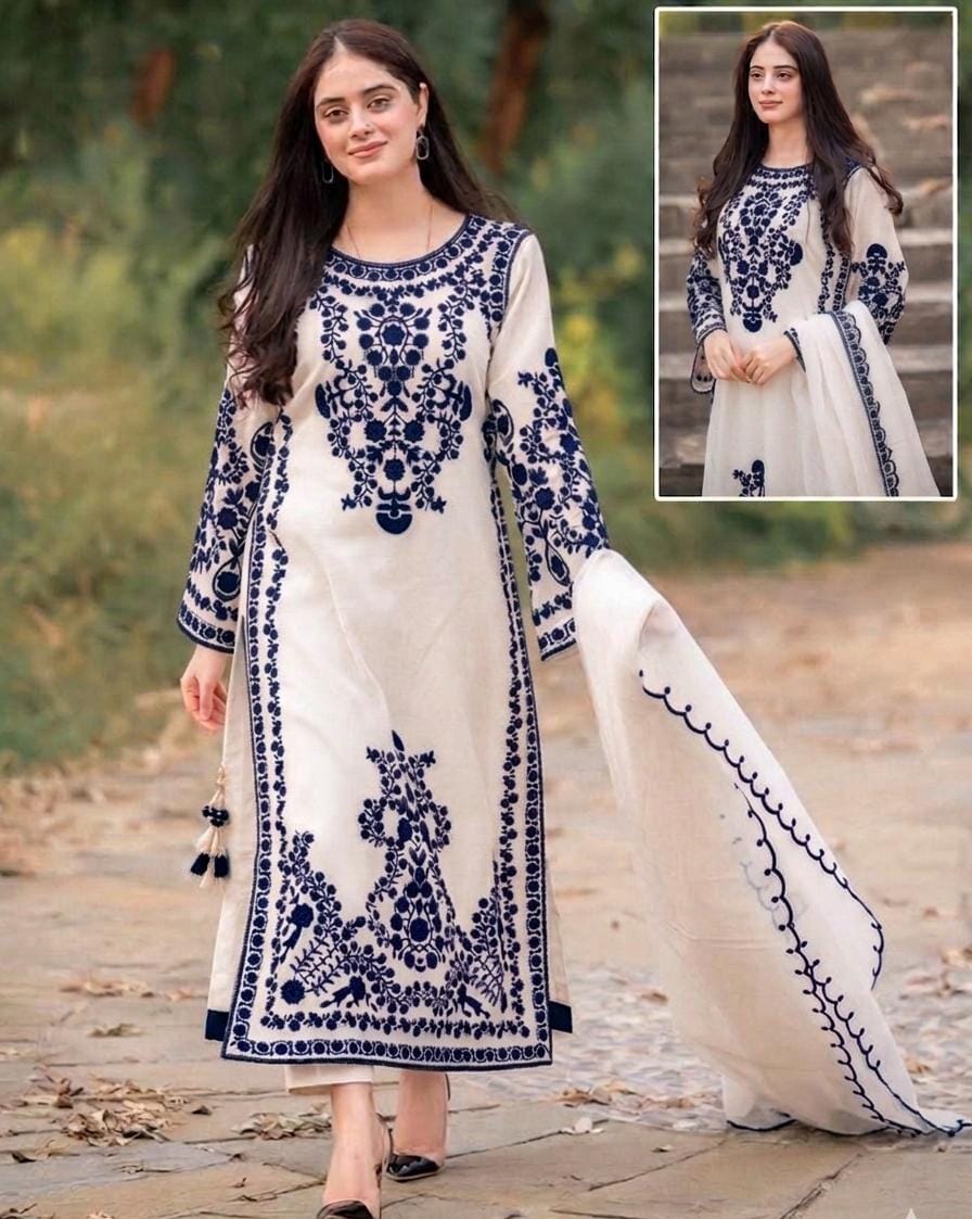 Elegant 3 Piece Embroidered Organza Suit With Neck, Sleeves And Daman Embroidery, Dupatta And Malai Trouser view 3
