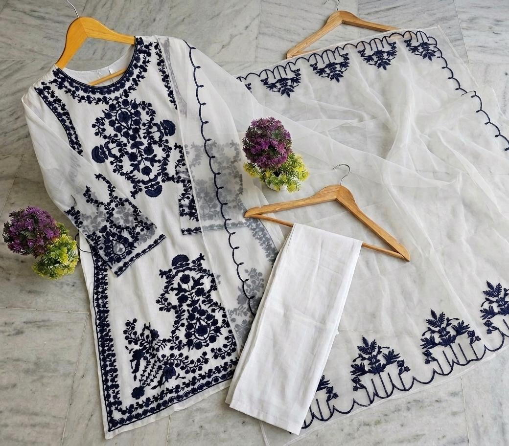 Elegant 3 Piece Embroidered Organza Suit With Neck, Sleeves And Daman Embroidery, Dupatta And Malai Trouser view 4
