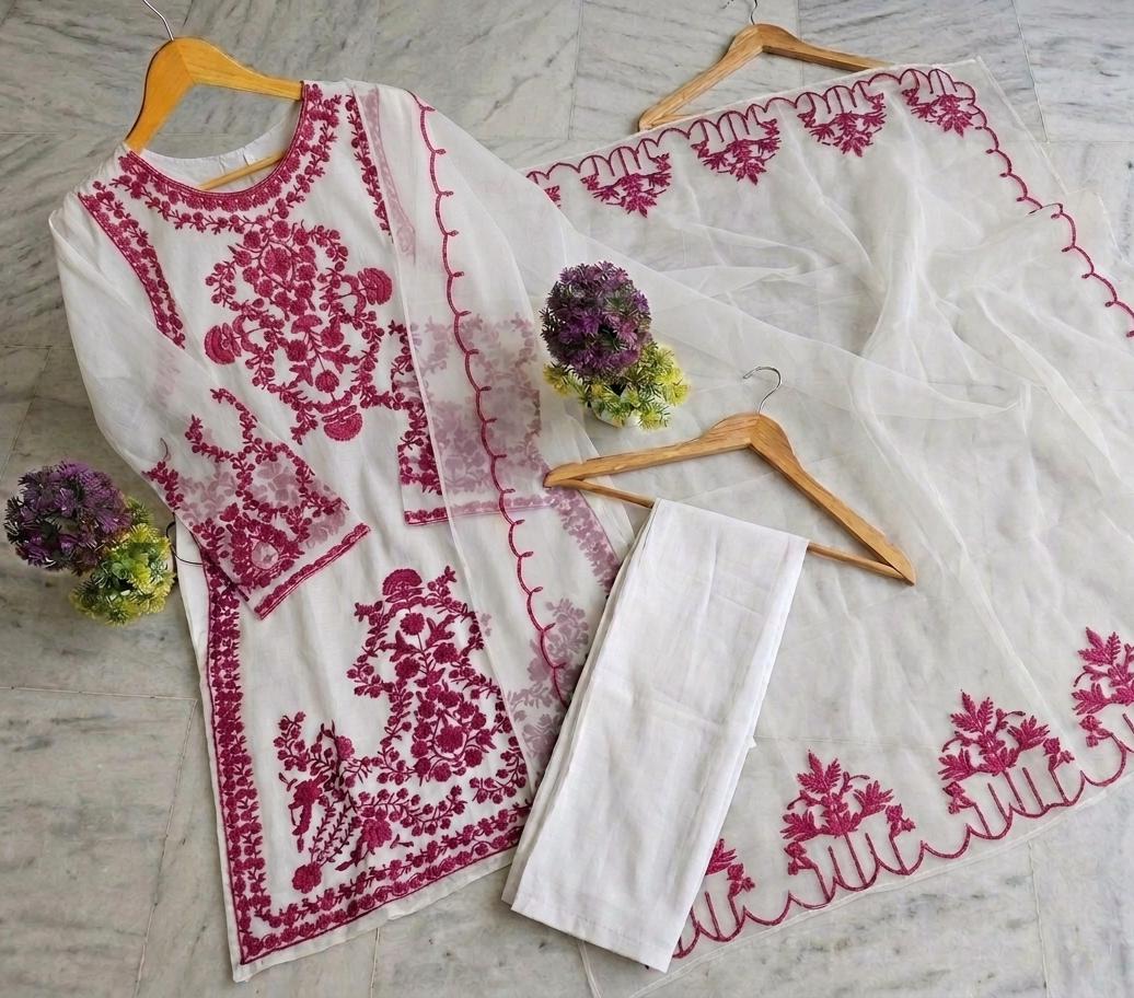 Elegant 3 Piece Embroidered Organza Suit With Neck, Sleeves And Daman Embroidery, Dupatta And Malai Trouser view 5