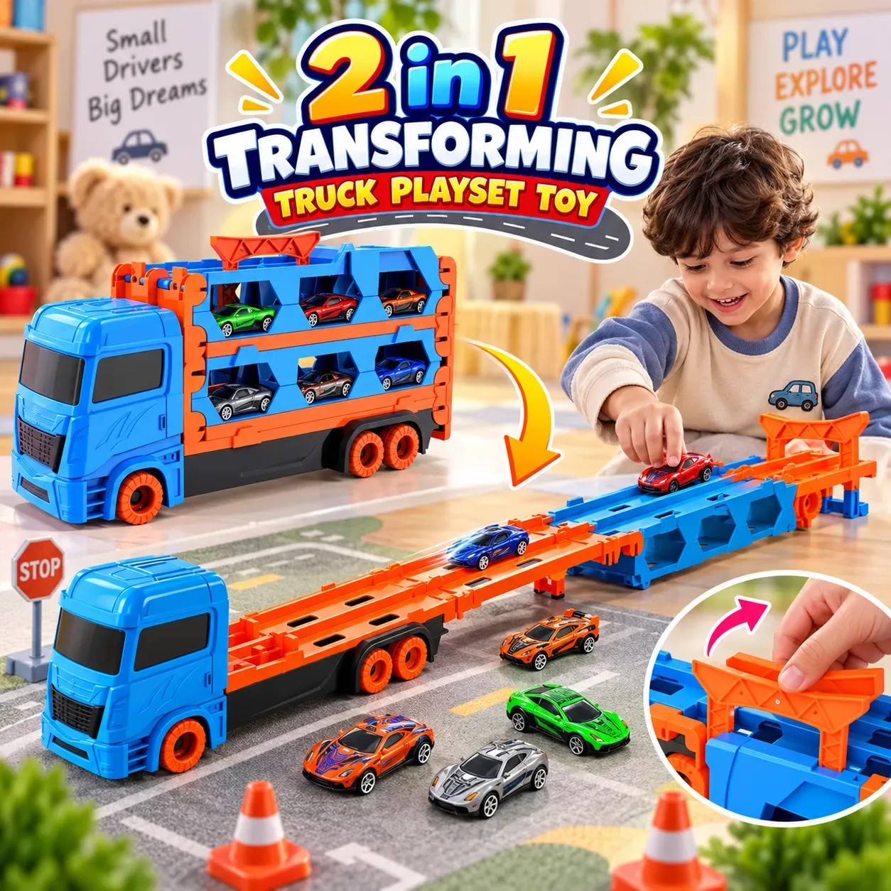 2-in-1 Transforming Truck Car Carrier Playset for Kids