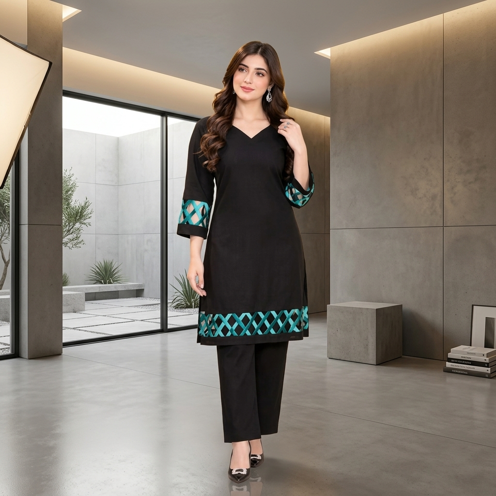 Black Georgette 2-Piece Suit with Teal Lattice Lace Detail – Elegant Women’s Kurta & Trouser Set view 4