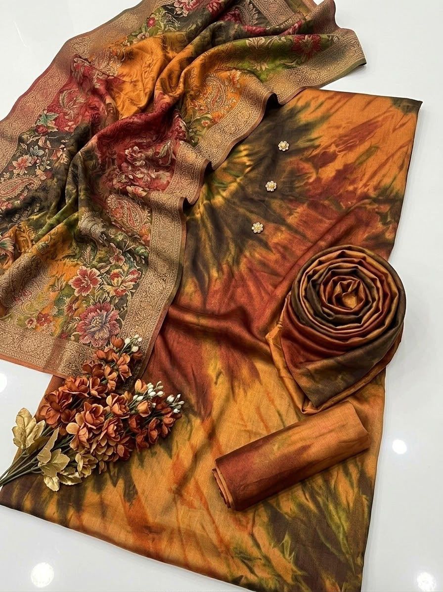 3 Piece Digital Printed China Silk Suit with Airline Shirt, Trouser & Dupatta | Unstitched Women’s Dress