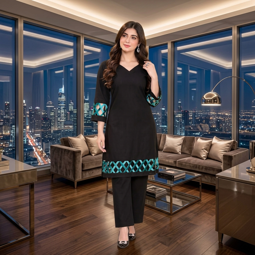 Black Georgette 2-Piece Suit with Teal Lattice Lace Detail – Elegant Women’s Kurta & Trouser Set view 5