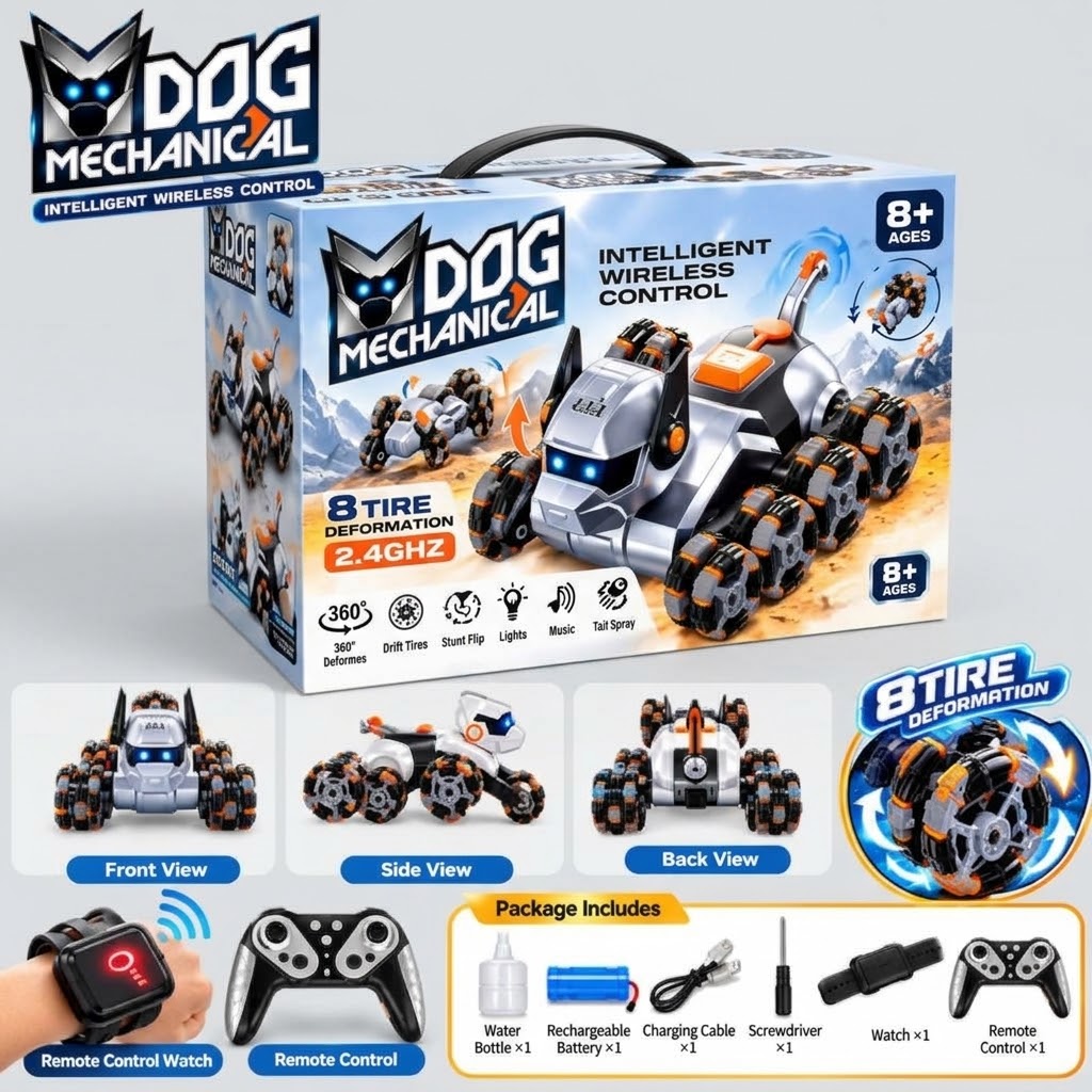 DOG Mechanical RC Stunt Car – 8 Tire Deformation, 360° Rotation, 2.4GHz Wireless Remote Control, Drift & Stunt Flip, LED Lights, Tail Spray Function view 2