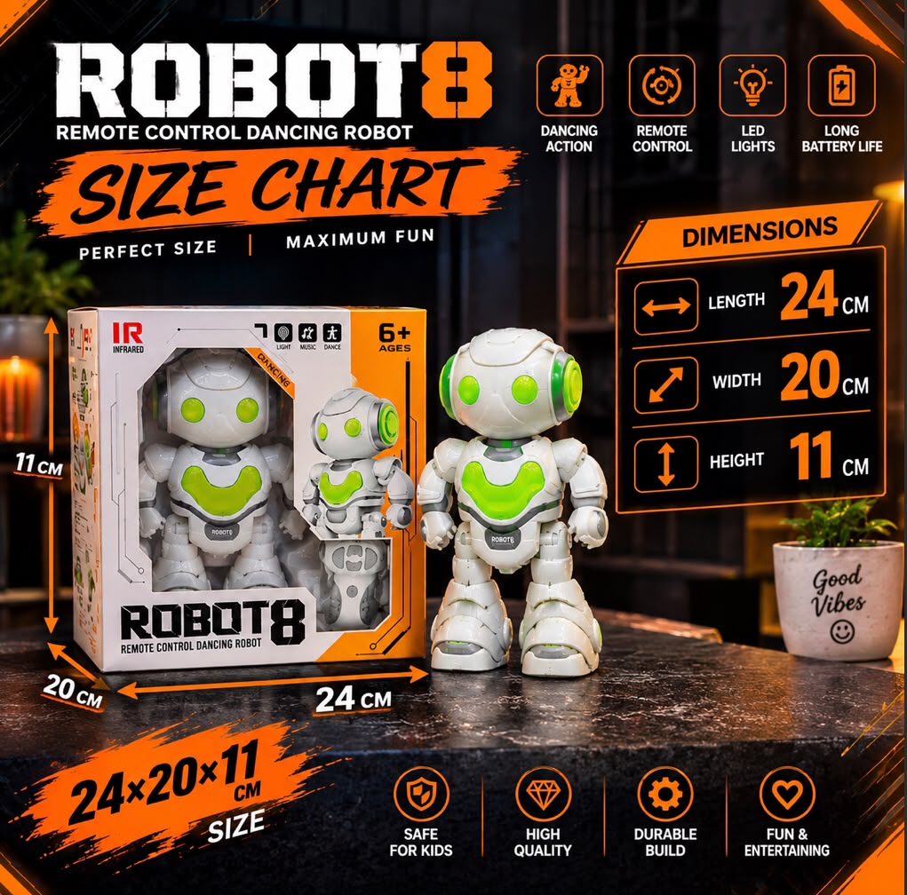 Robot 8 Remote Control Dancing Robot Toy With LED Lights, Music And Long Battery Life For Kids Ages 6+ (Random Color)