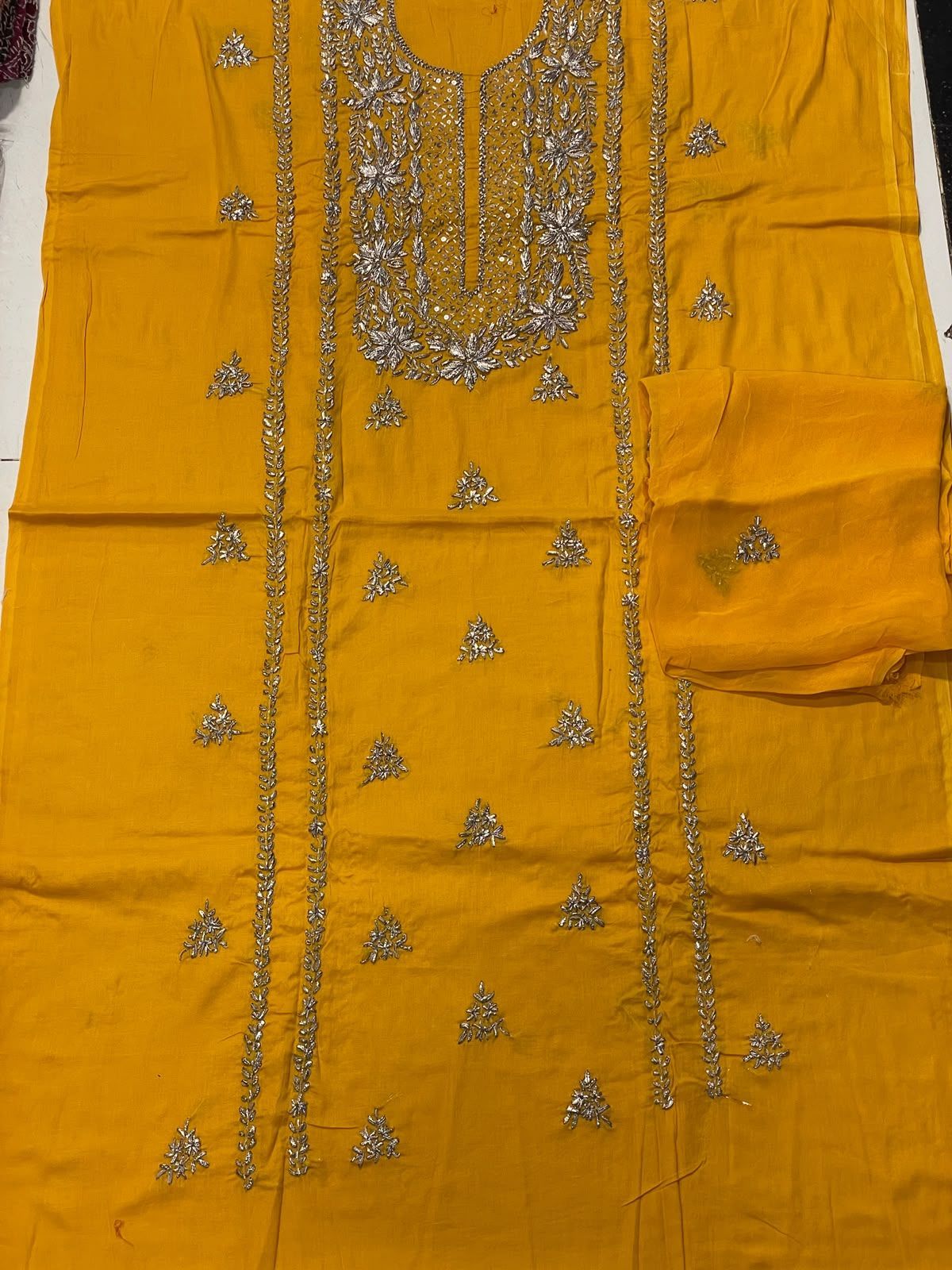 Handmade Silver Gota Work Lawn 3pc Suit With Chiffon Dupatta Fashion Apparel For Women's view 4