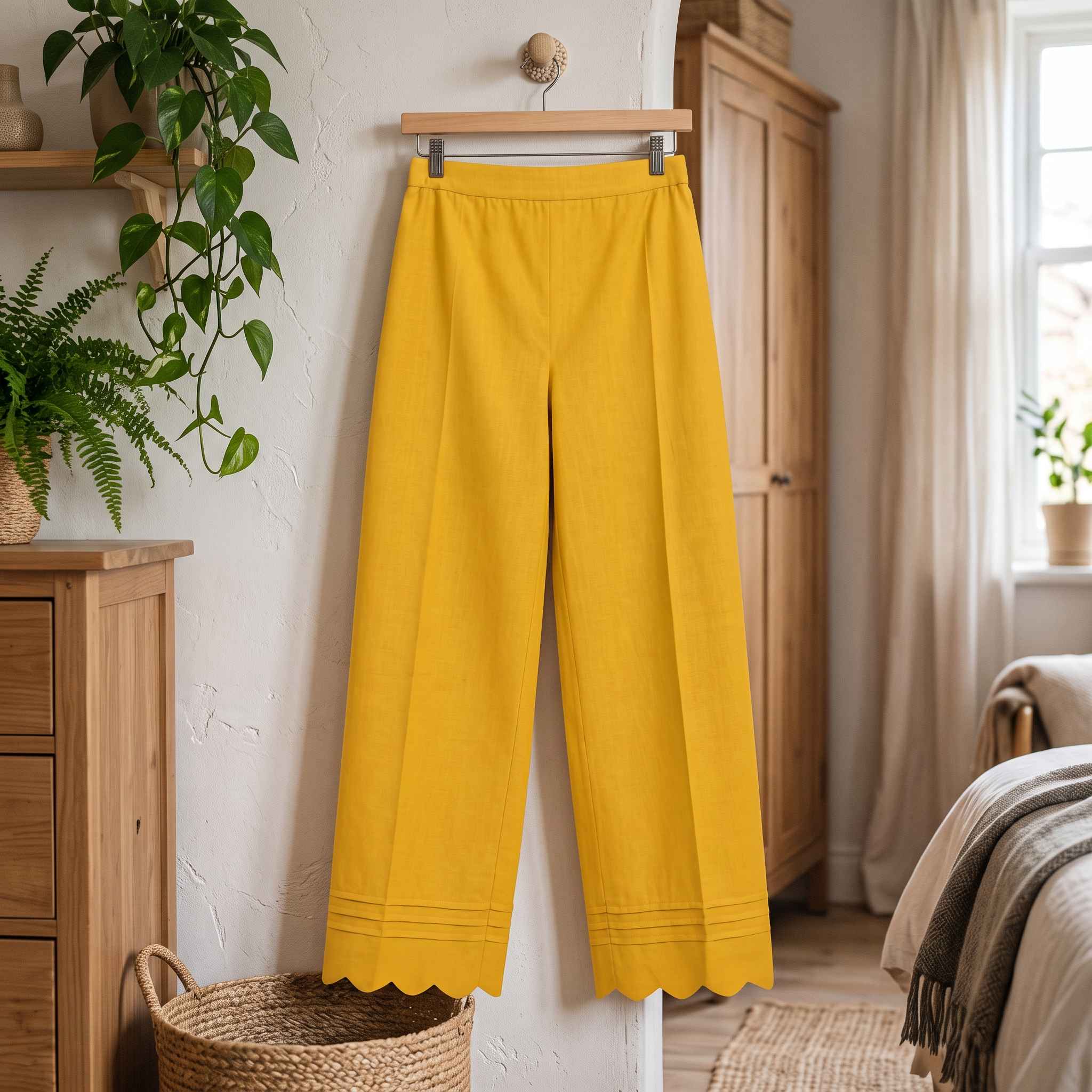 Women’s Mustard Yellow Cotton Palazzo Pants with Pintuck & Scalloped Hem view 2